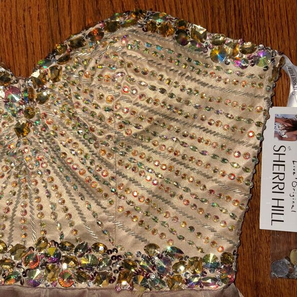 SHERRI HILL Gold Beaded High-Low Formal Gown – Size 12 - Picture 8 of 9